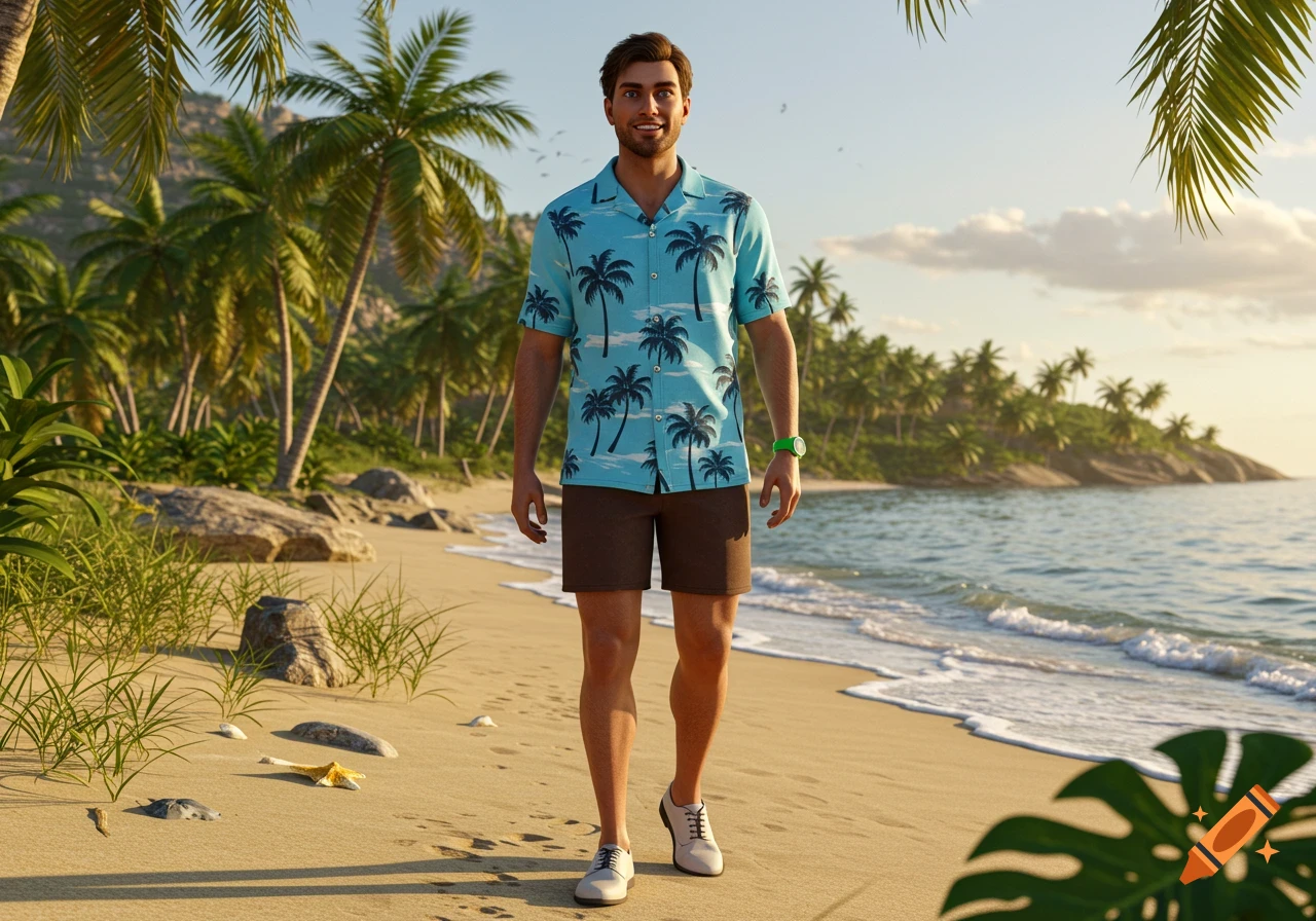A photorealistic man in a blue palm tree shirt and brown shorts walks on a sandy beach with palm trees and ocean.