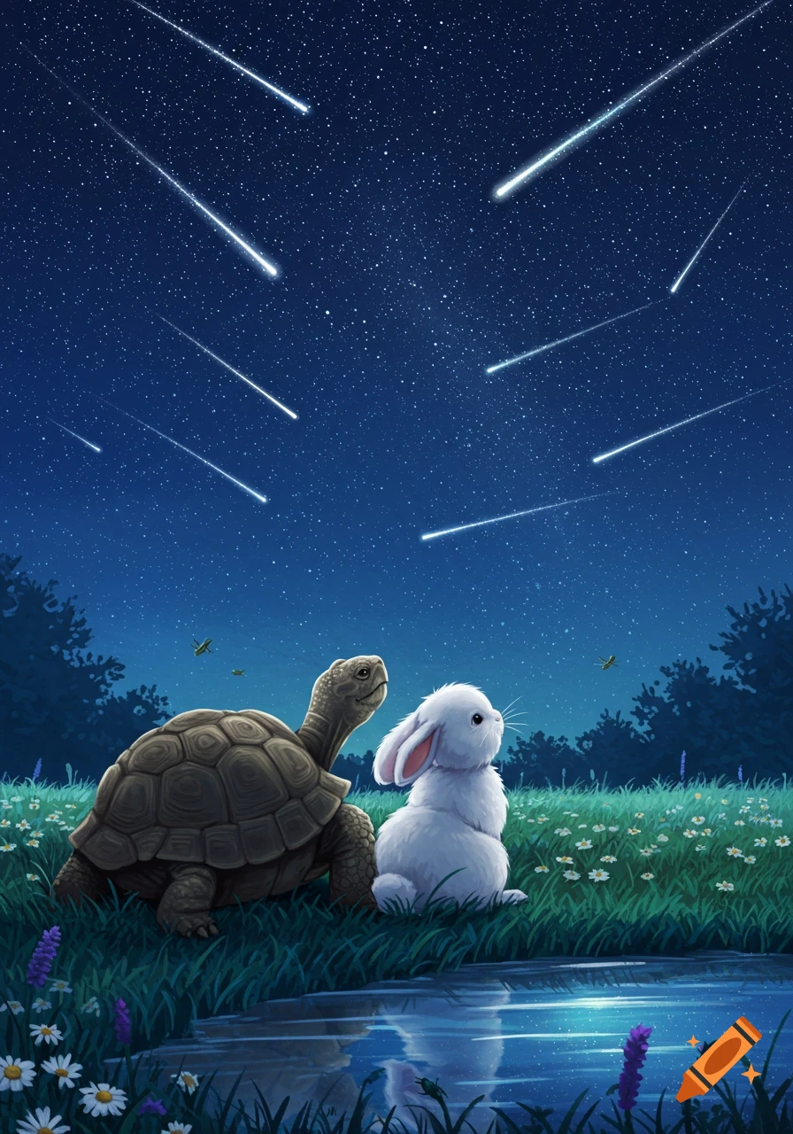 An illustration of a tortoise and a white rabbit sitting by a pond at night, gazing up at a sky full of shooting stars.