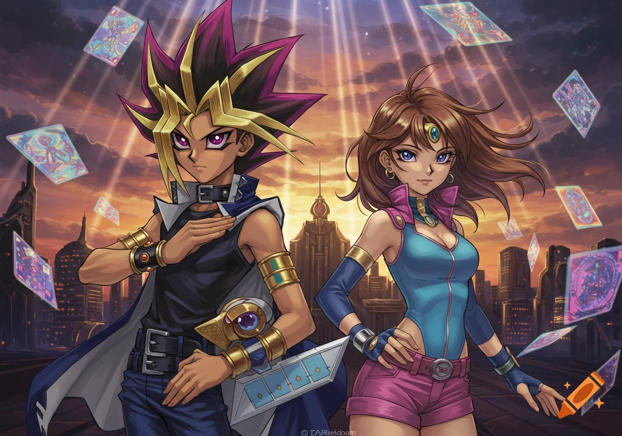 Yami Yugi and Téa Gardner stand in a city at sunset, with magical trading cards floating around them in an anime style.