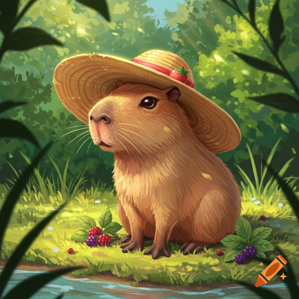 Cute illustrated capybara wearing a straw hat with a strawberry, sitting in green grass by a stream with berries and green foliage.