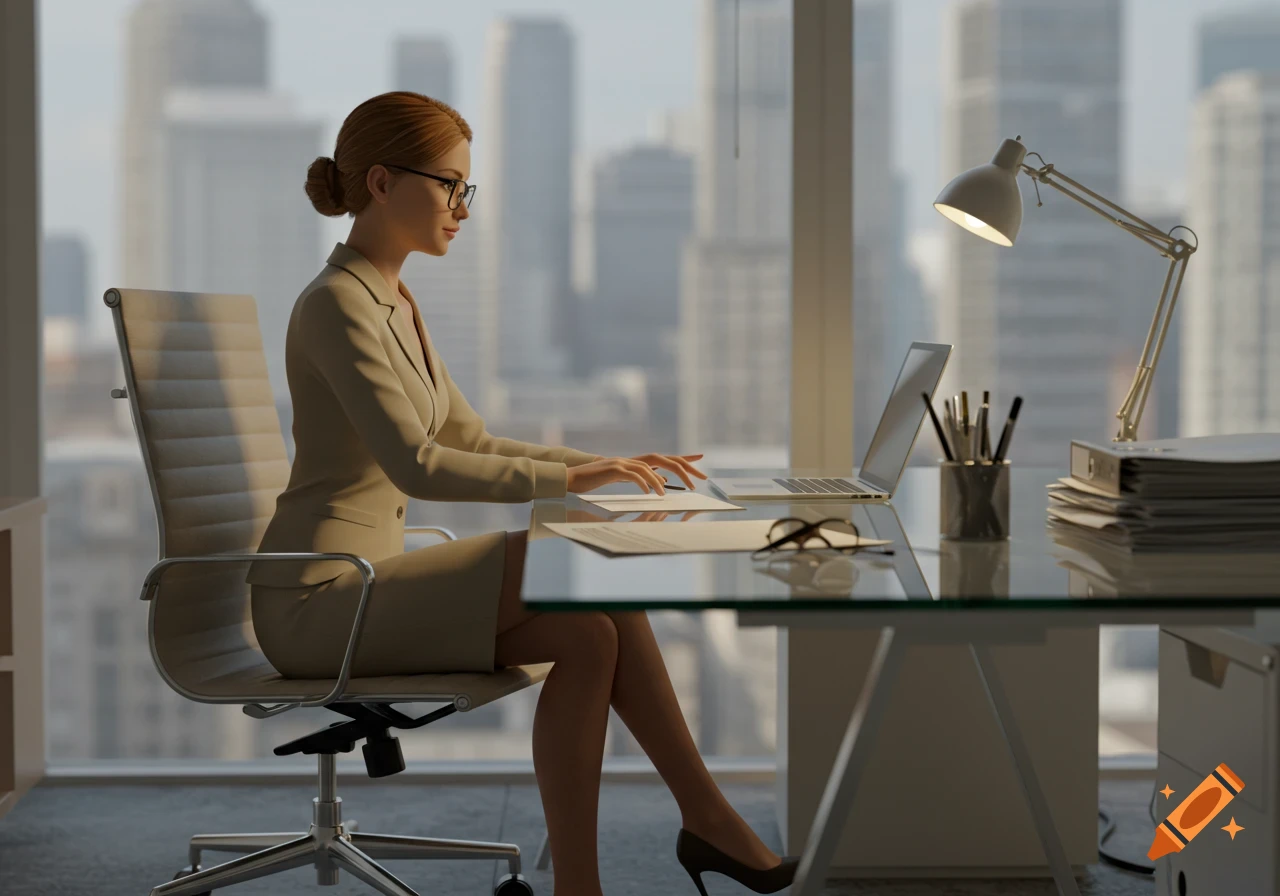 A professional woman in a suit works on a laptop at a modern office desk with a city skyline view.