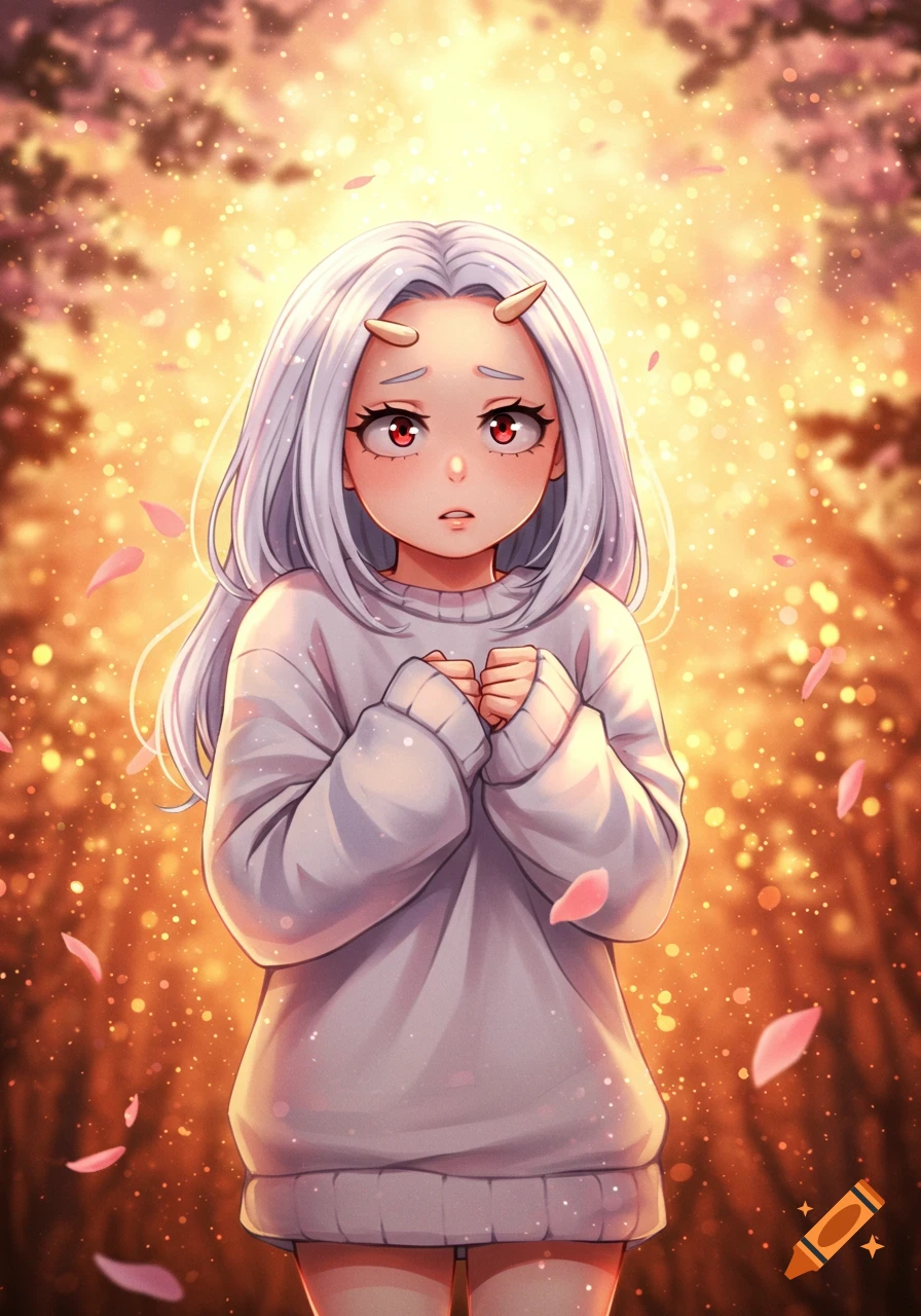 Anime character Eri with white hair, red eyes, and small horns, wearing a sweater, standing in a sunlit setting with falling pink petals.