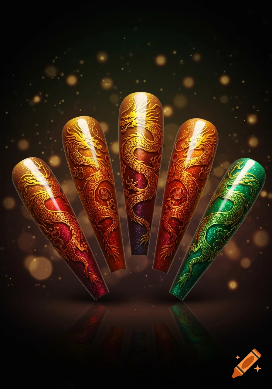 Five shimmering, coffin-shaped artificial nails featuring intricate gold dragon designs in red, orange, and green against a dark, sparkling background.
