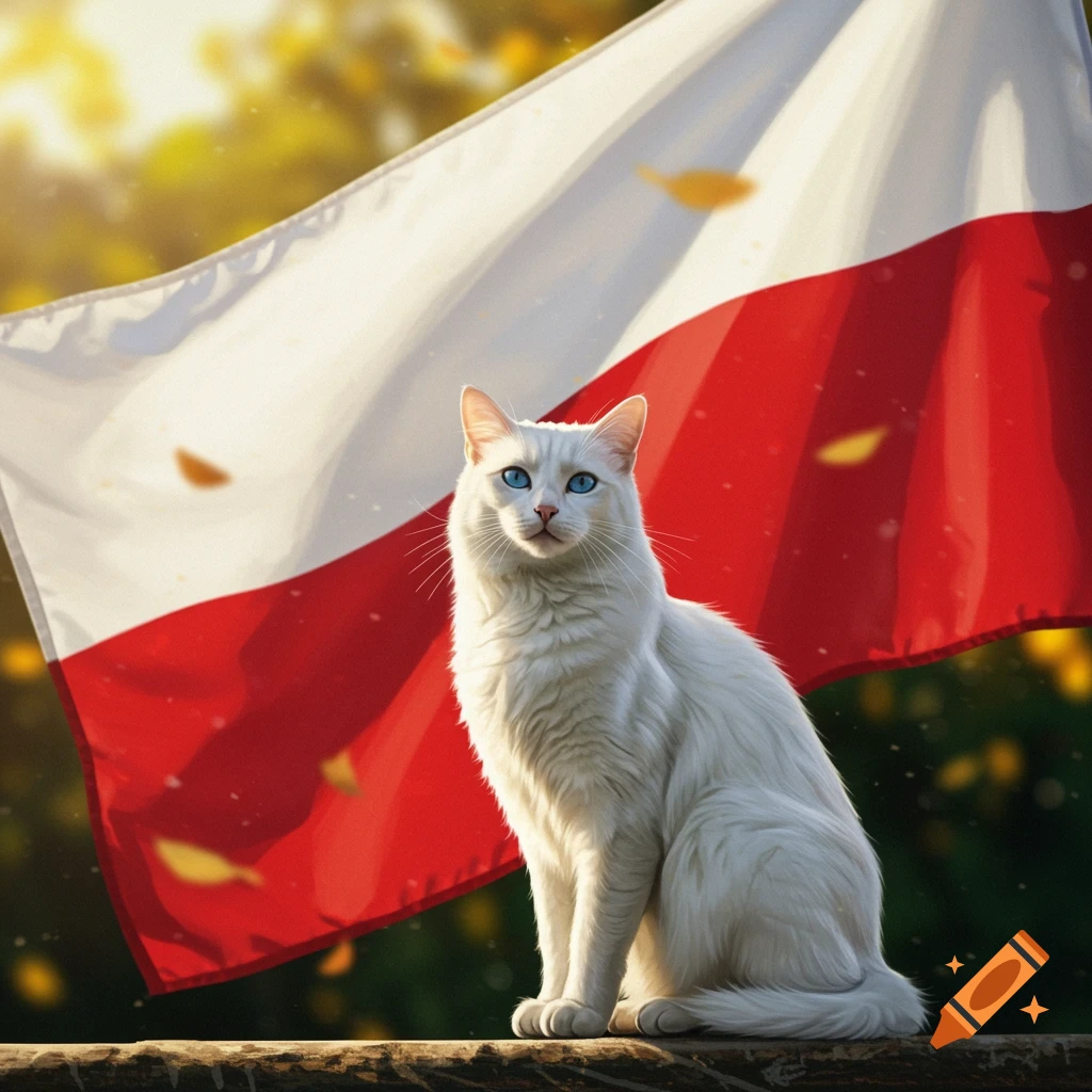 A majestic white cat with bright blue eyes sits in front of a large red and white flag, with golden leaves in the background.