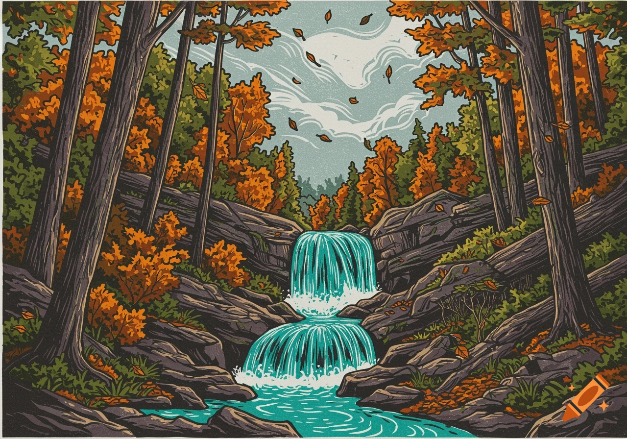 A colorful linocut illustration of a forest waterfall with orange autumn trees and falling leaves under a cloudy sky.