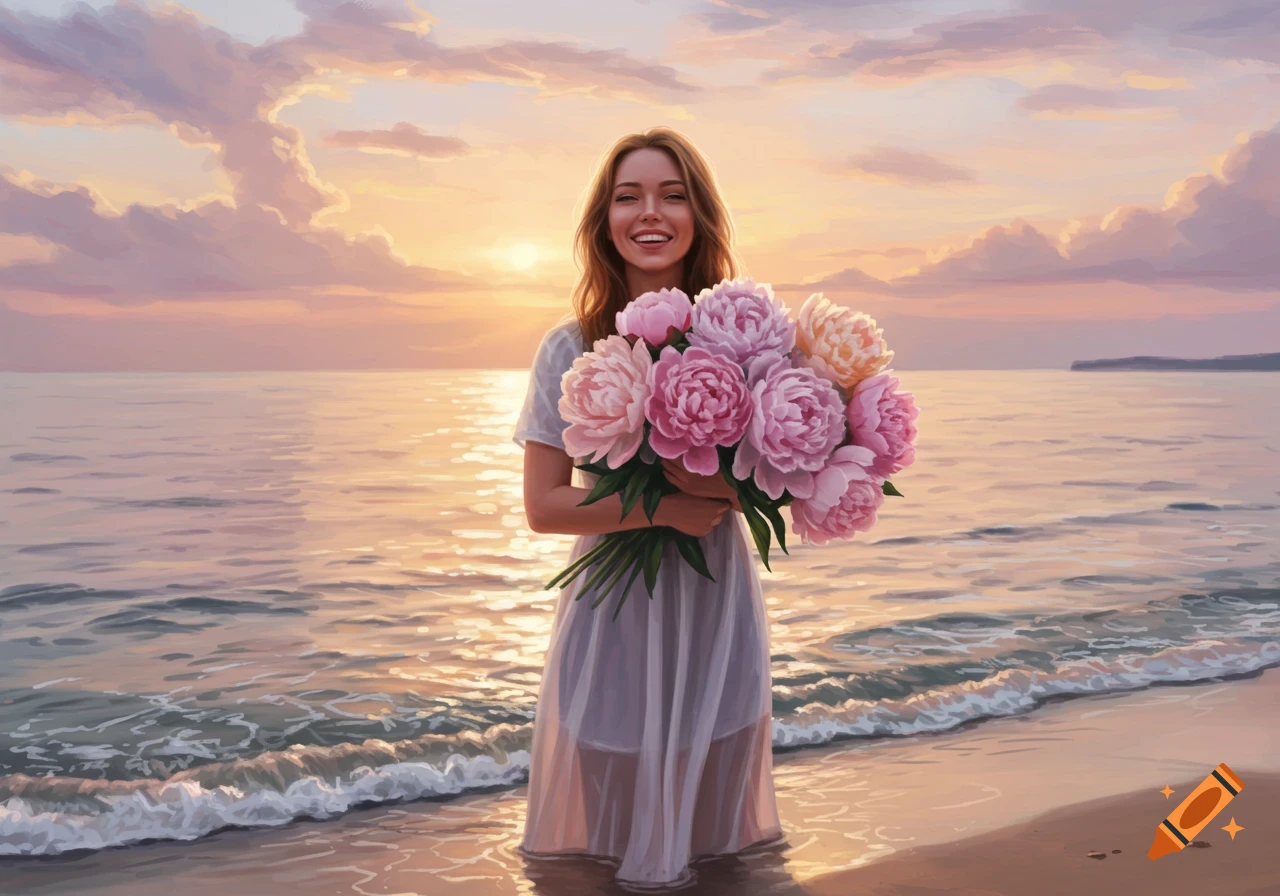 Happy woman holding a giant pink peony bouquet at the beach during sunset, digital painting.