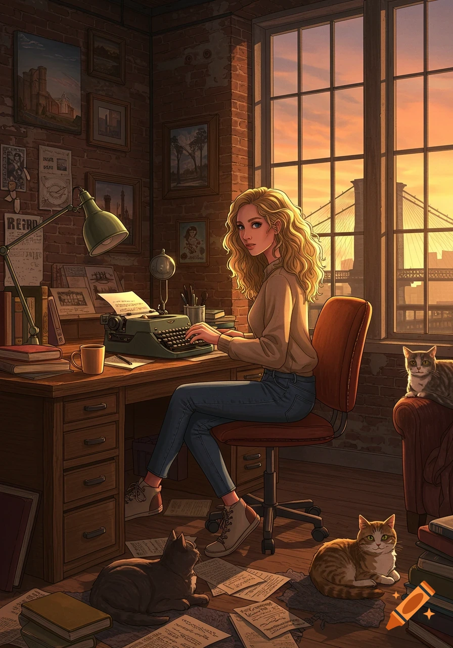 An illustrated image of a blonde woman typing on a vintage typewriter at a desk, with three cats around her in a sunlit room with brick walls and a view of a city bridge.