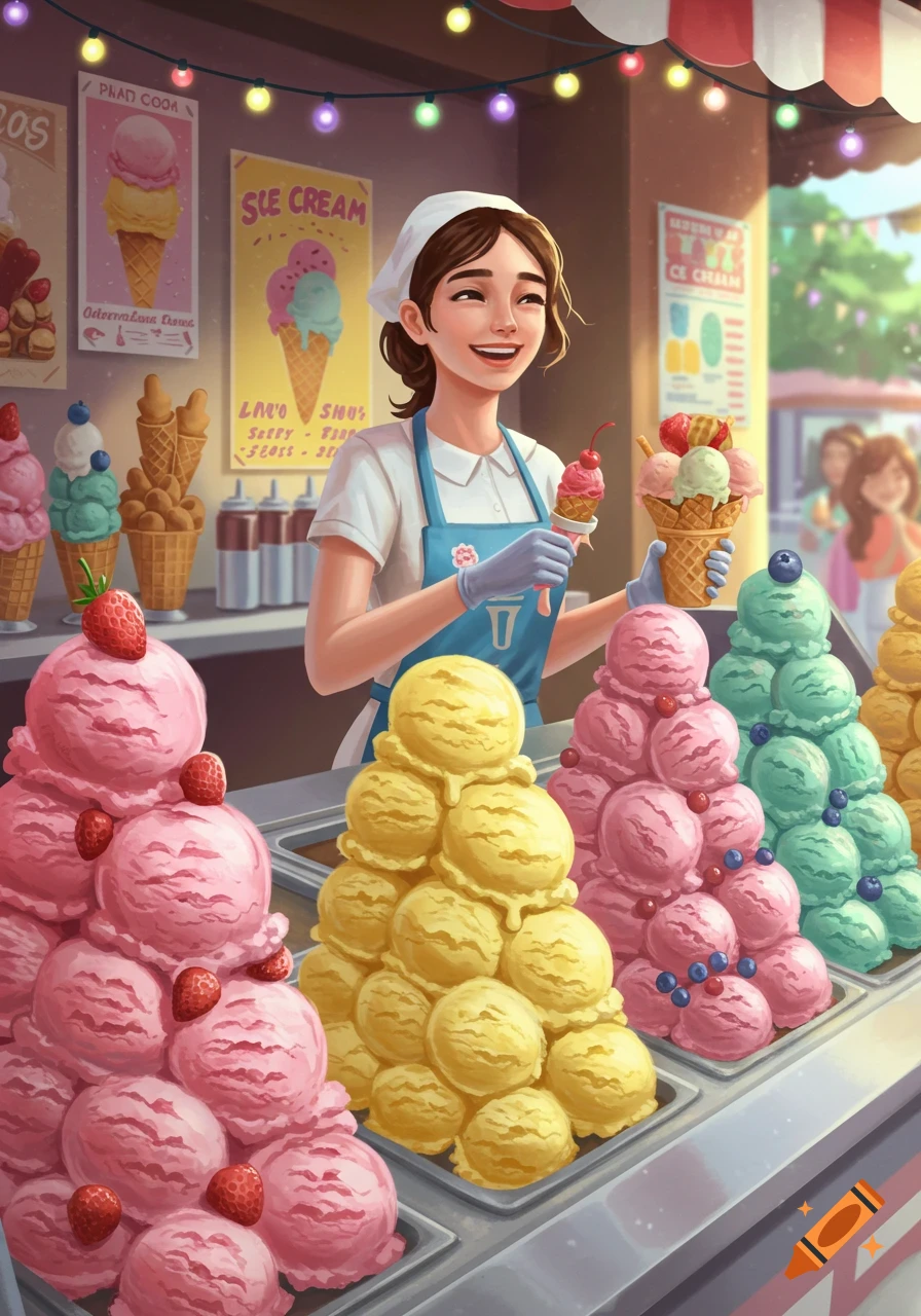 A happy female ice cream vendor scoops ice cream behind a colorful stall filled with large piles of different flavored ice cream in a cheerful cartoon illustration style.