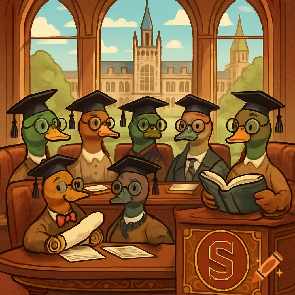 Cartoon illustration of anthropomorphic ducks in graduation caps and suits, seated at a university board meeting, with an 'S' logo on a podium.
