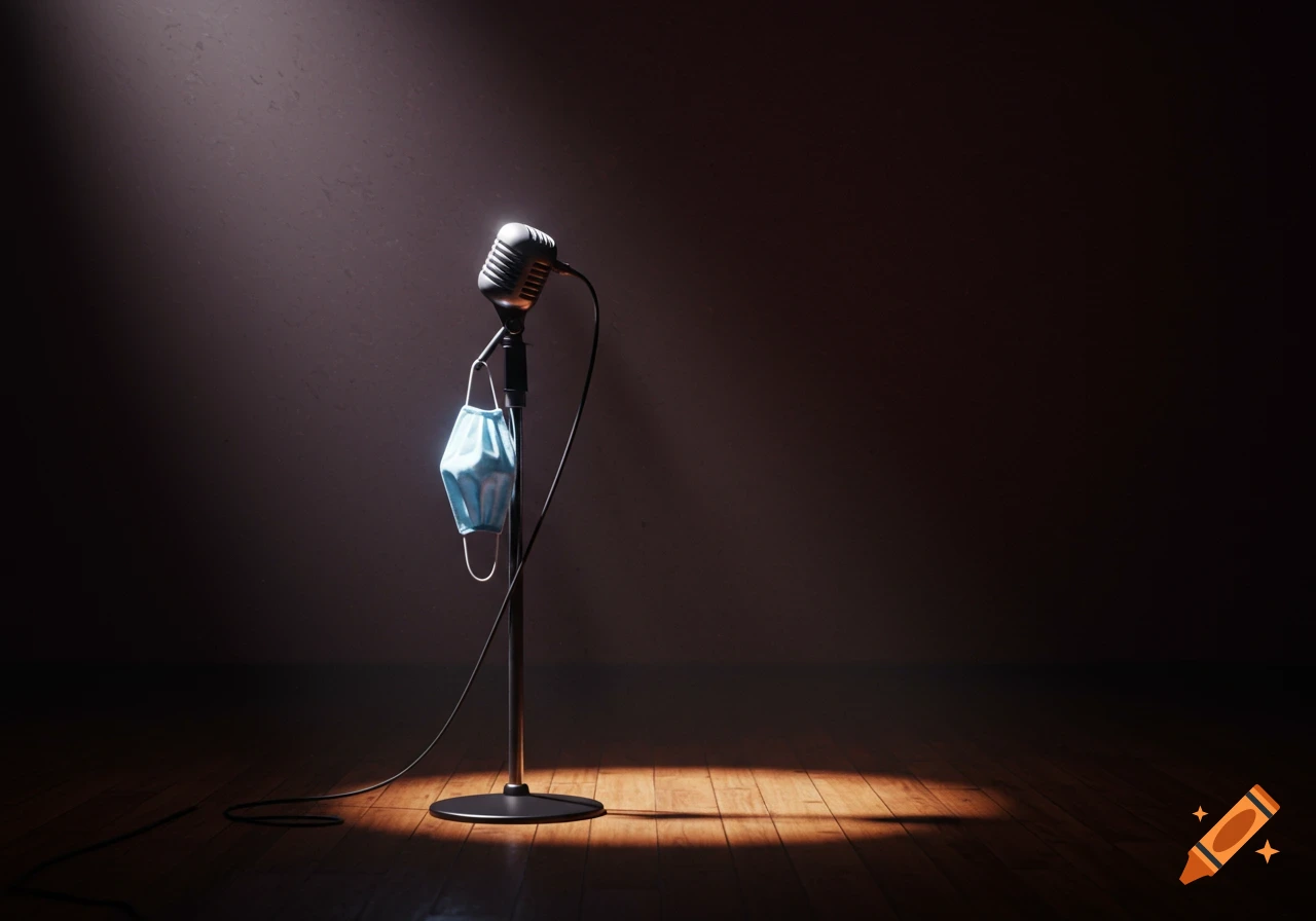 A vintage microphone with a blue medical mask hanging from it, illuminated by a spotlight on a wooden stage.
