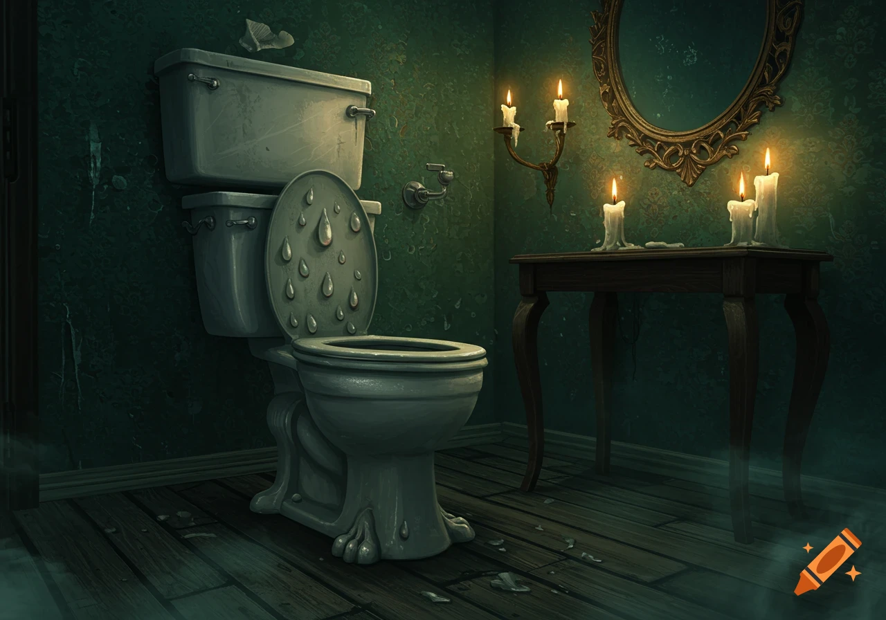 An eerie, gothic bathroom with a dripping toilet, lit by candles, featuring distressed walls, an ornate mirror, and a wooden floor.