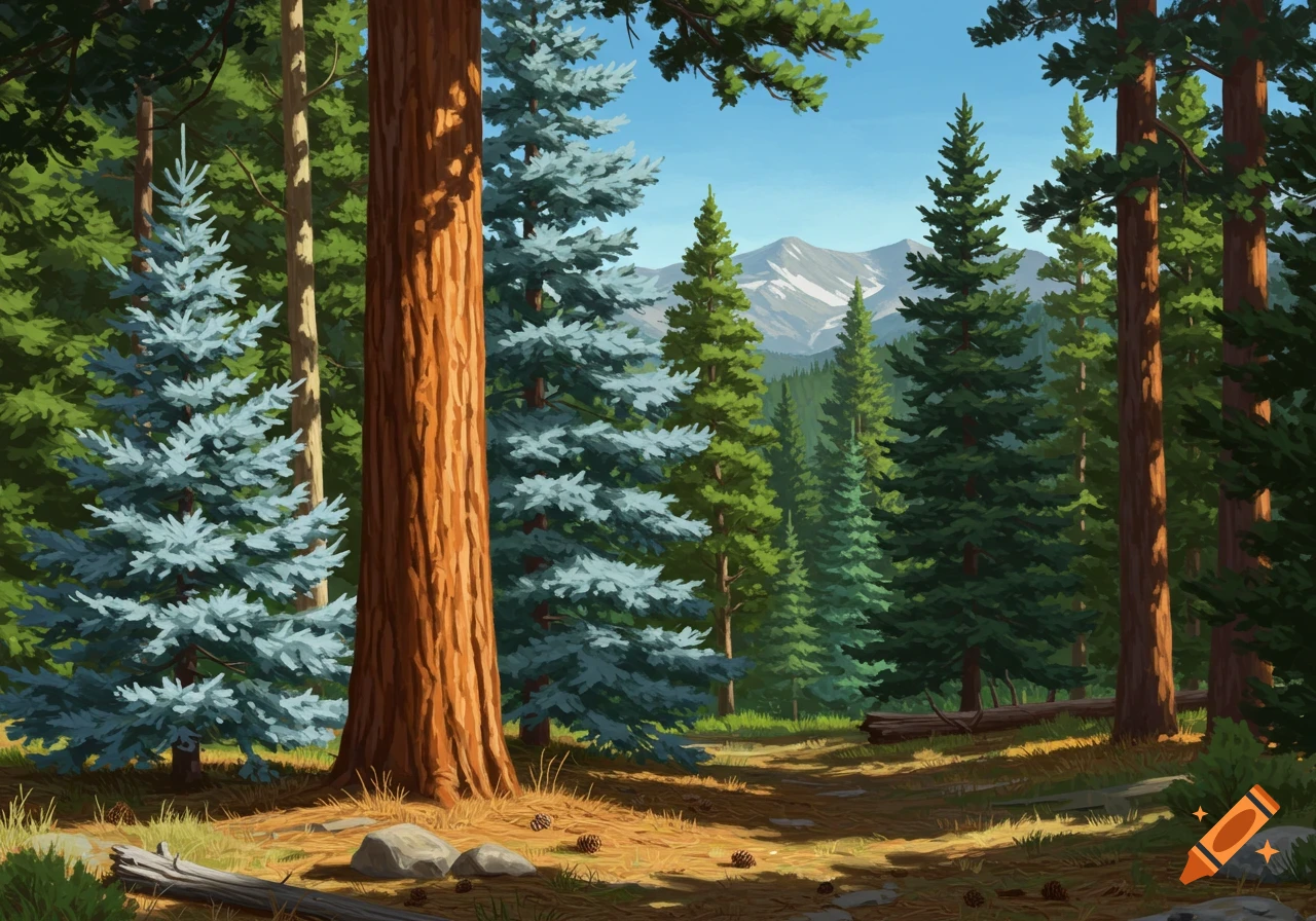 An illustrated view of a forest with various pine trees, including a large ponderosa pine, and snow-capped mountains in the background under a blue sky.