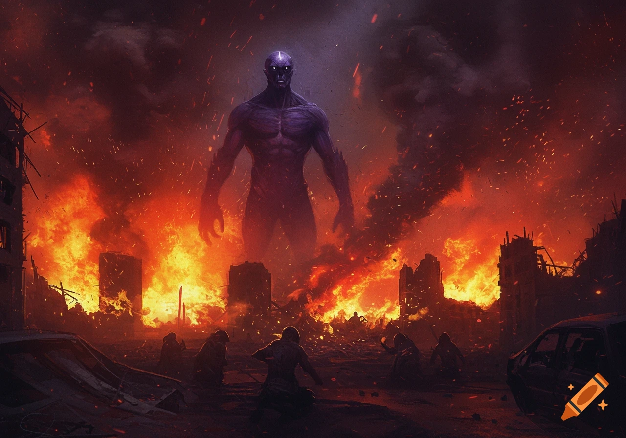 A giant, muscular purple alien figure stands amidst a burning, destroyed city with small human figures fleeing below.