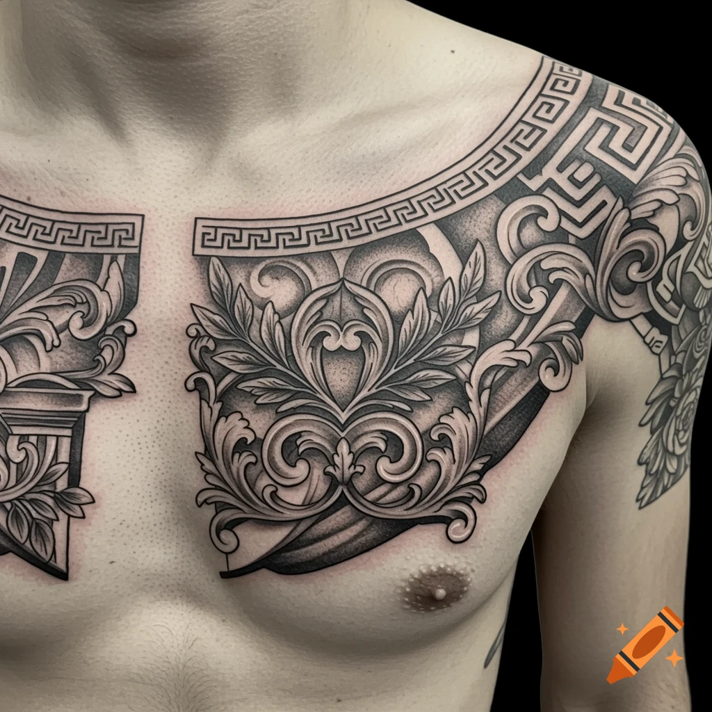 Close-up of a detailed black and grey ornamental tattoo on a person's chest and shoulder, featuring Greek key patterns and acanthus leaves.