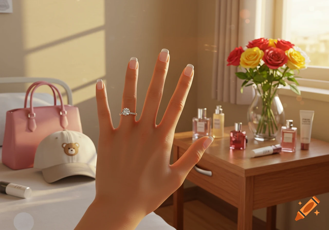 Close-up, first-person view of a delicate female hand with a sparkling diamond ring, raised toward warm morning sunlight. In the background are a pink handbag, a teddy bear cap, a vase of red and yellow roses, perfume bottles, and skincare products.