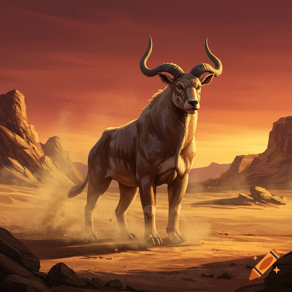 A majestic horned creature, resembling a powerful antelope or bull with a muscular body, stands in a dusty desert landscape at sunset.