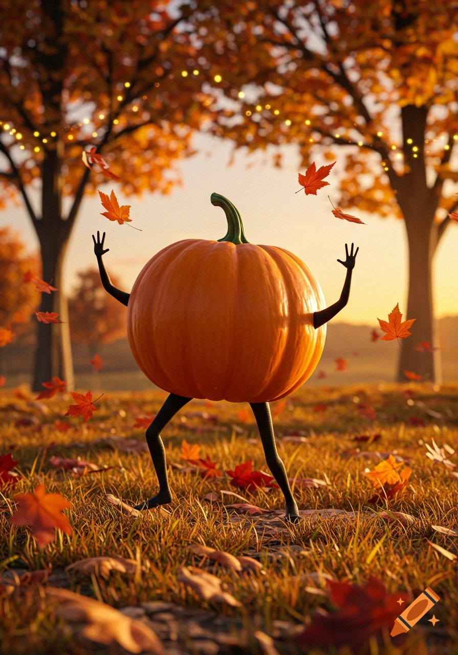 A photorealistic image of a pumpkin with black legs and arms dancing among falling autumn leaves in a sunny field with trees.