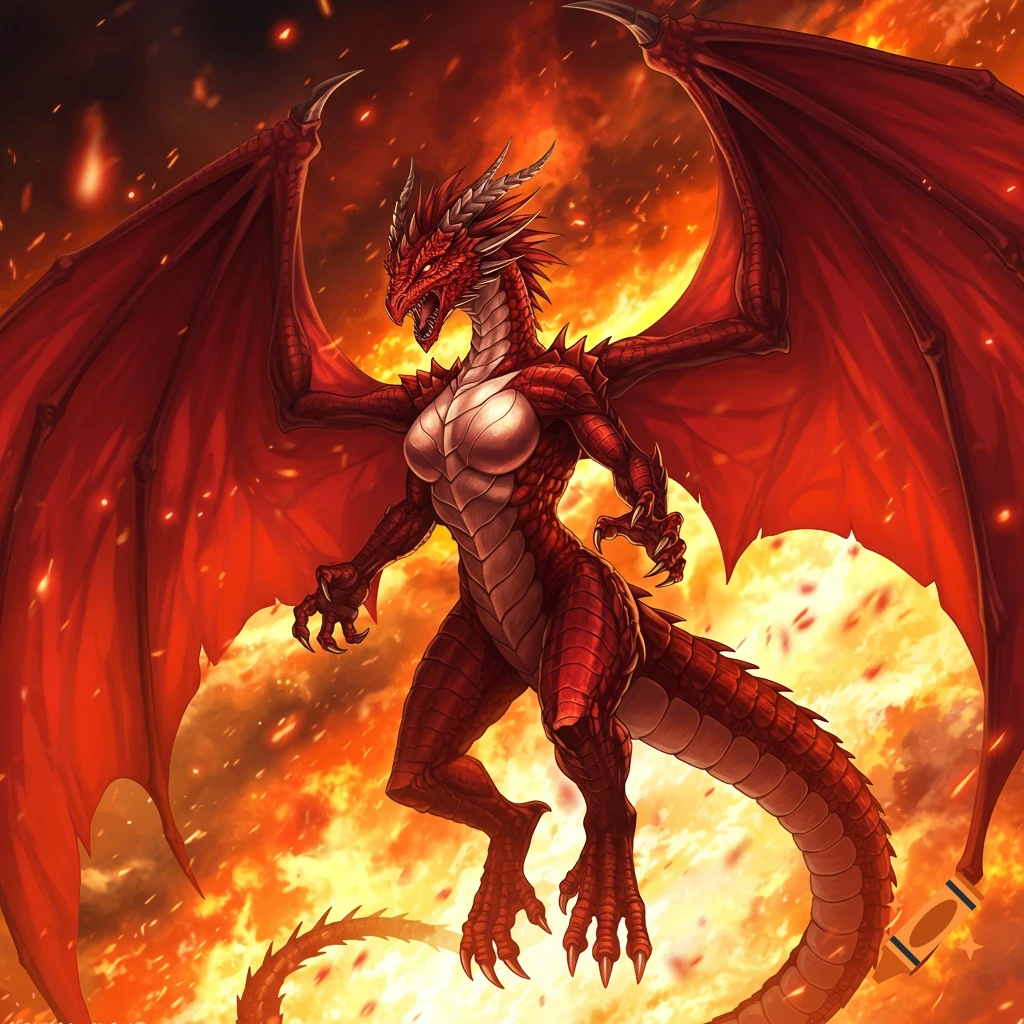 A red and dark red female dragon with large wings stands against a vibrant fiery background in anime style.