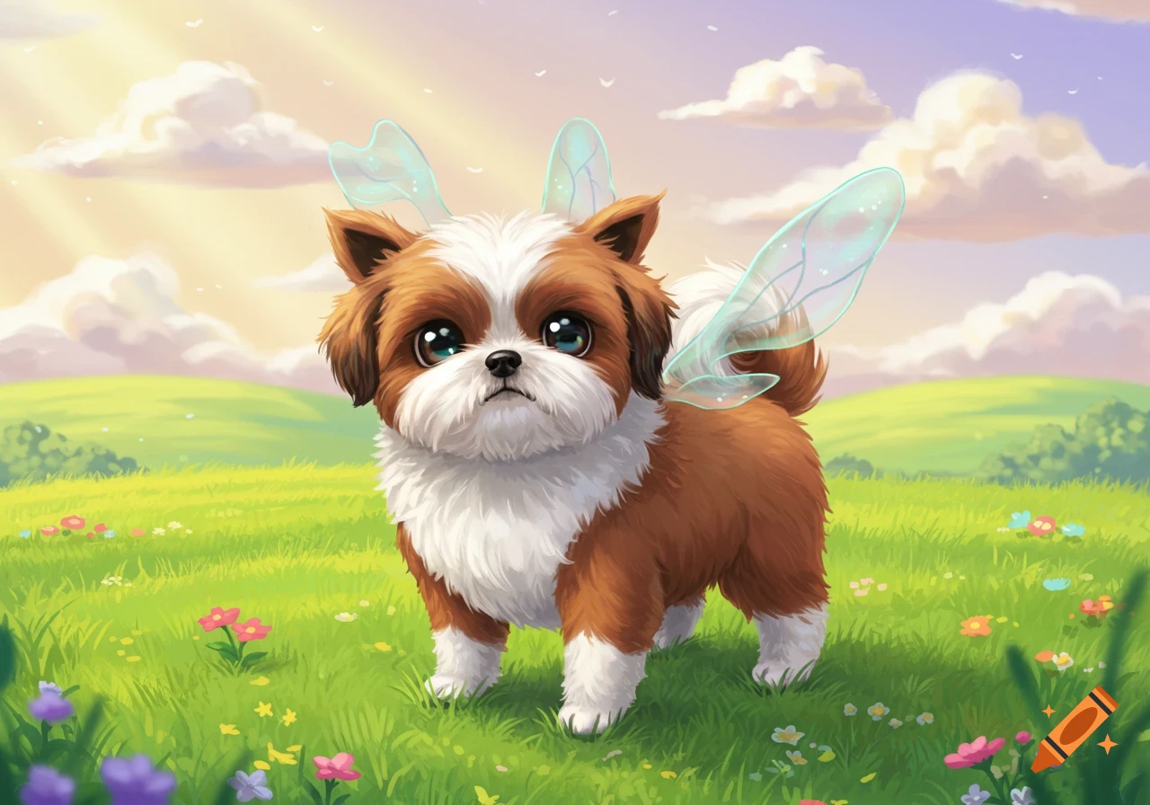 A cute cartoon Shih Tzu dog with fairy wings in a bright green field with flowers under a sunny, cloudy sky.