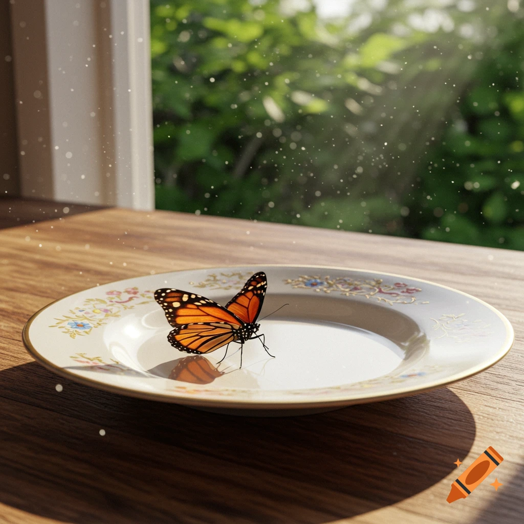 A vibrant monarch butterfly rests on a decorative white plate on a wooden table, bathed in sunlight from a nearby window.