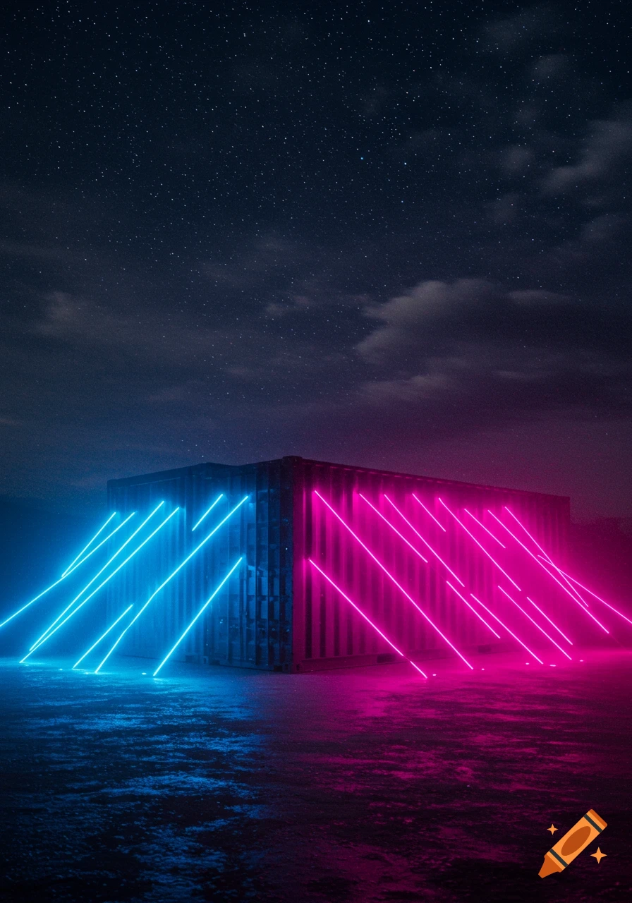 A shipping container at night, illuminated by glowing blue and magenta neon lights under a starry sky.