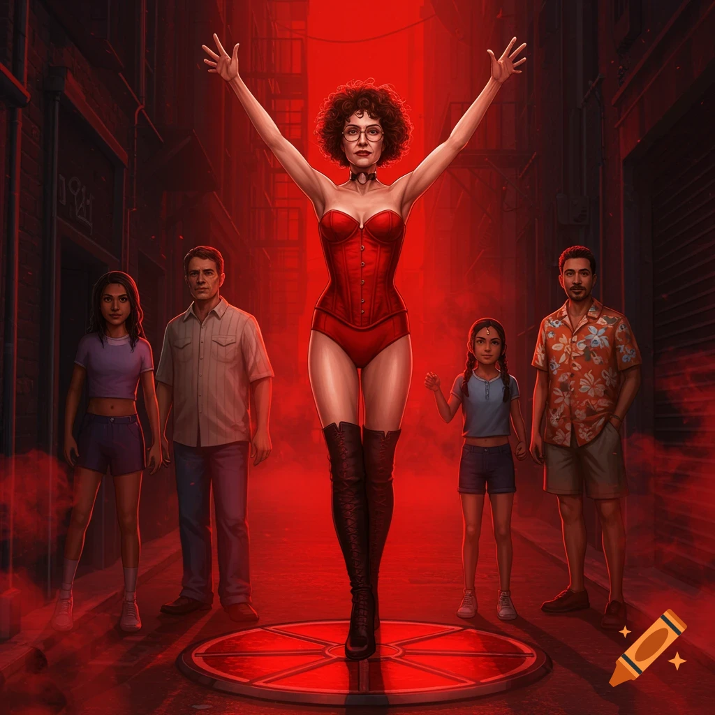 A woman in a red corset and black boots with arms raised stands on a red lit circular platform in a dark alley, flanked by four other people looking at her.