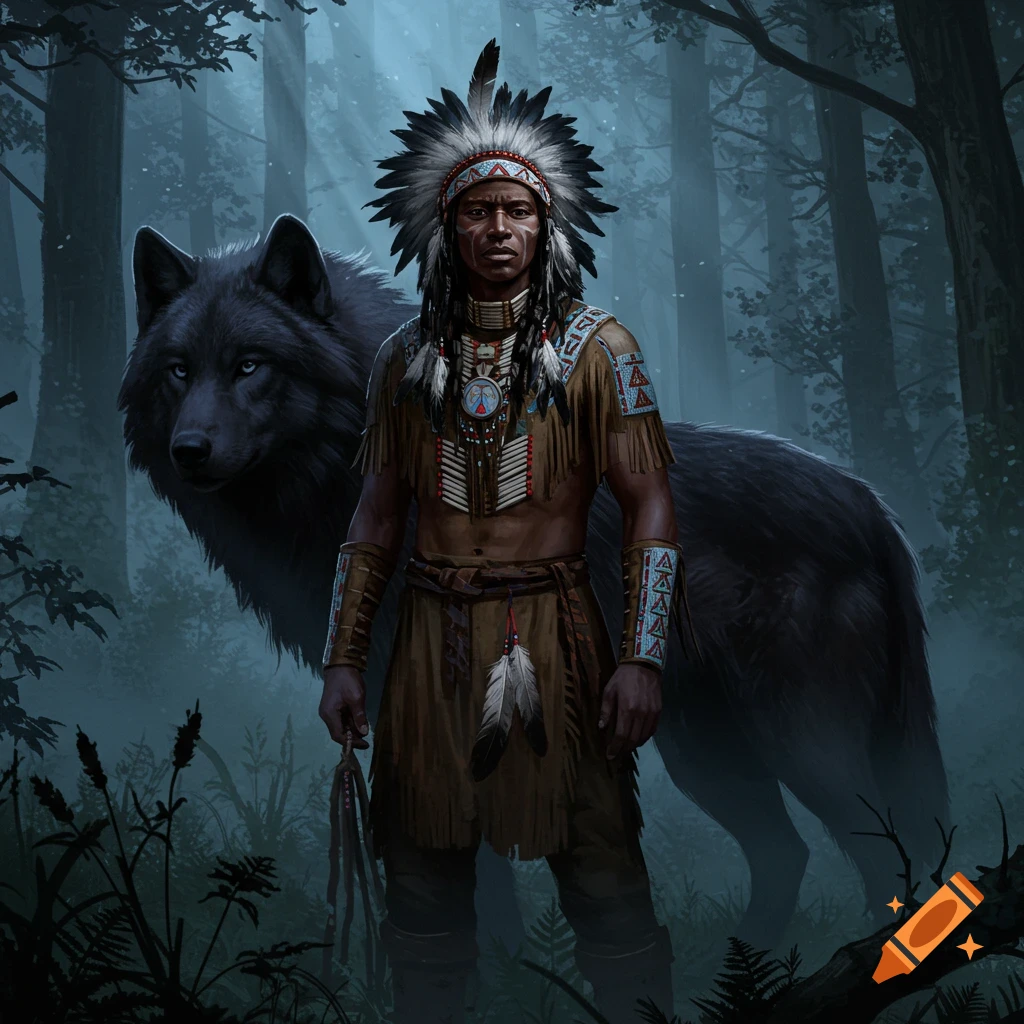 A Native American man in traditional attire with a feathered headdress stands in a moonlit forest, a large black wolf behind him. Digital painting.