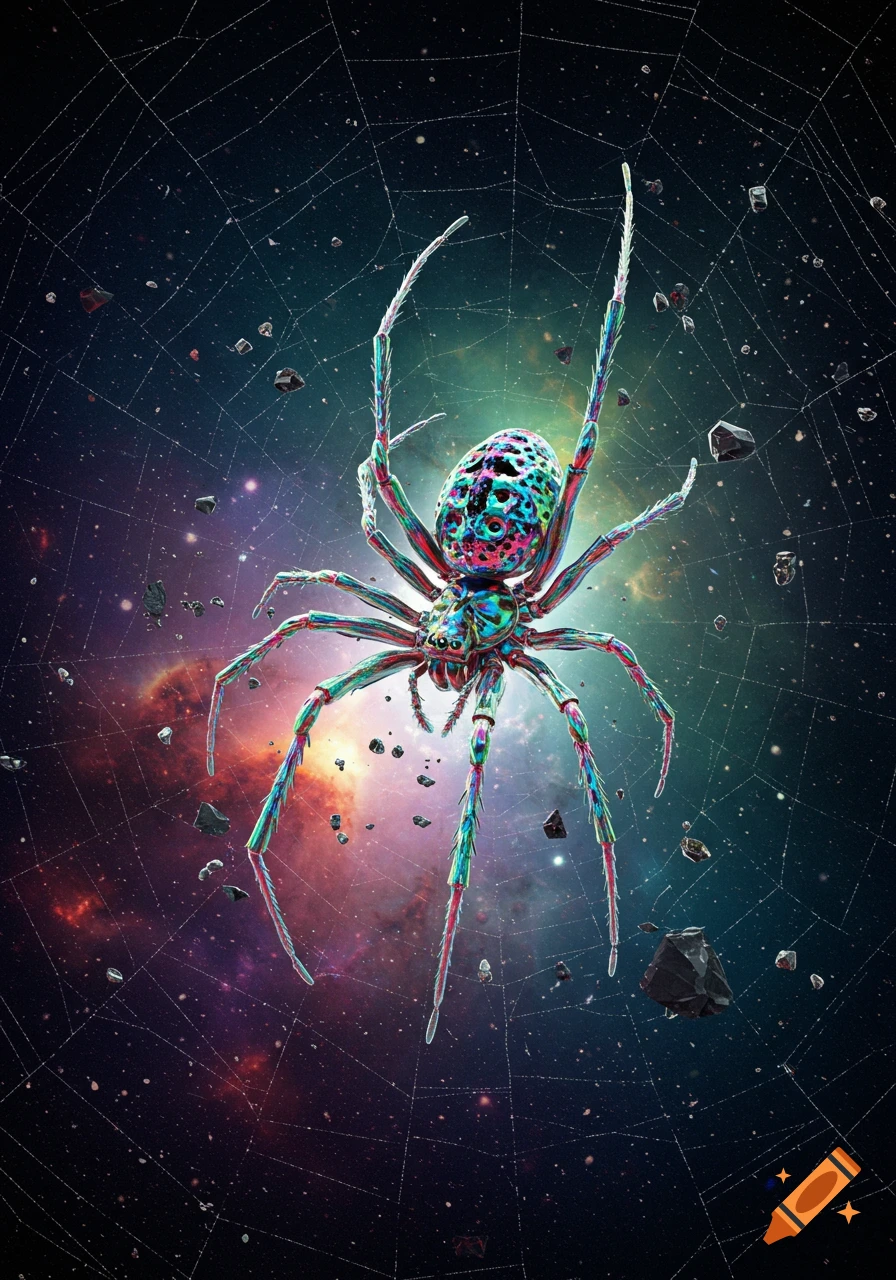 A vibrant, iridescent spider with intricate patterns in a colorful space nebula, surrounded by asteroids and a faint web.