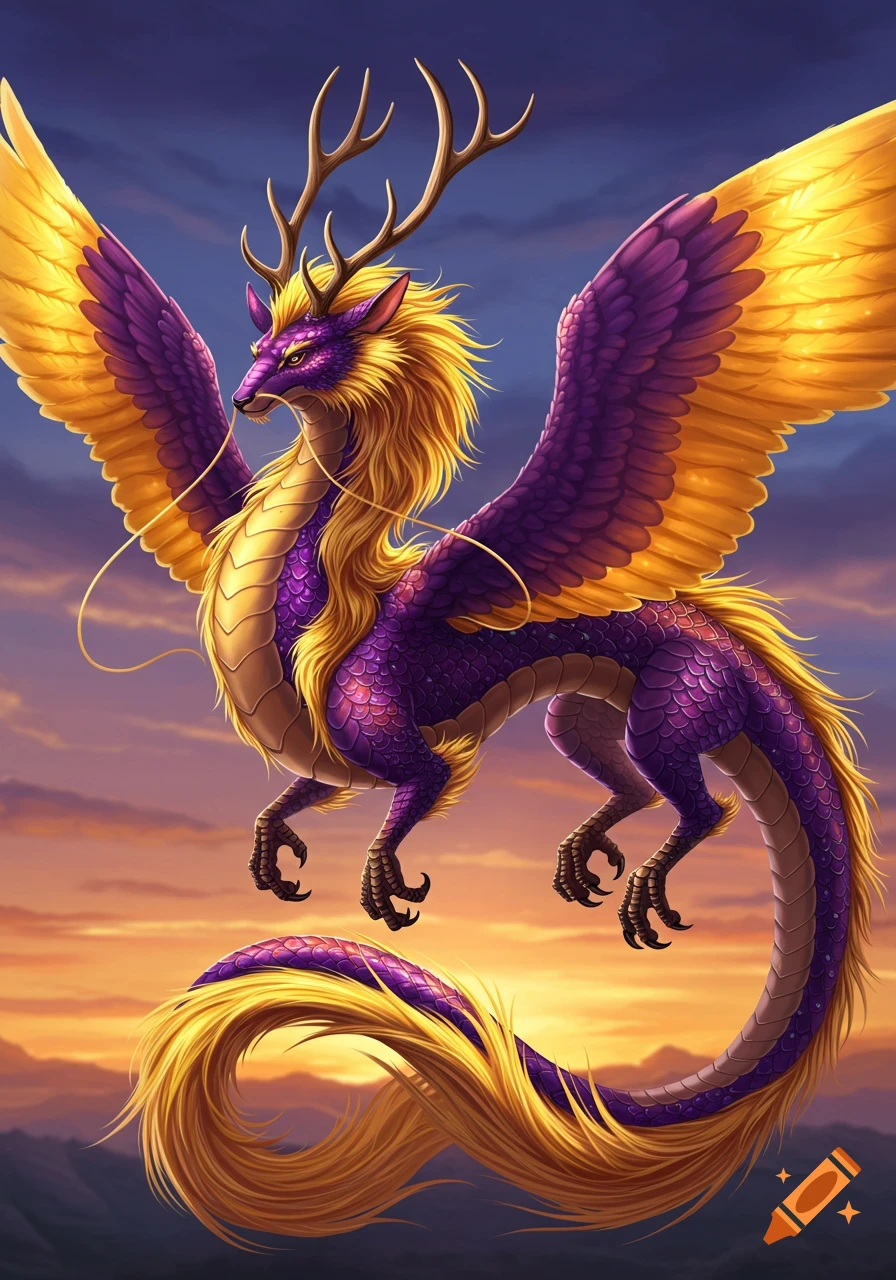 A vibrant purple dragon with gold mane, antlers, and feathered wings flies through a colorful sunset sky.