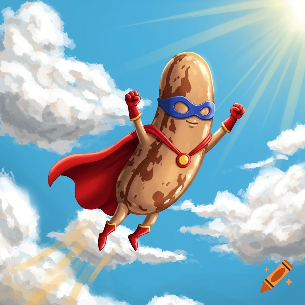A cartoon pinto bean character in a blue mask and red superhero costume flies through a bright blue sky with clouds.