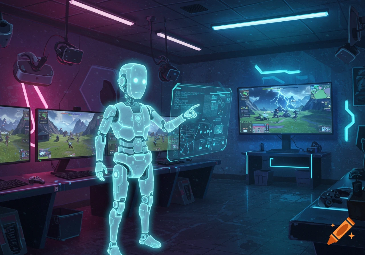 A glowing futuristic robot in a neon-lit gaming room, pointing at a holographic screen while multiple monitors display a video game.