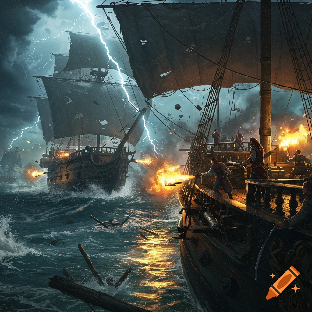 A dramatic naval battle between two pirate ships in a stormy sea with lightning, cannon fire, and explosions.