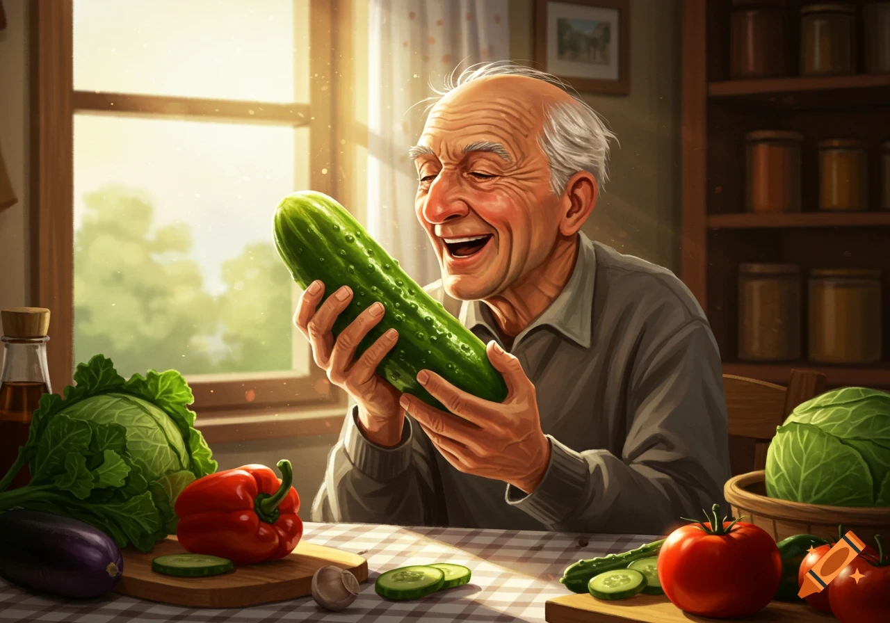 An old man with a happy expression holds and looks at a large cucumber in a sunny kitchen, surrounded by other fresh vegetables.