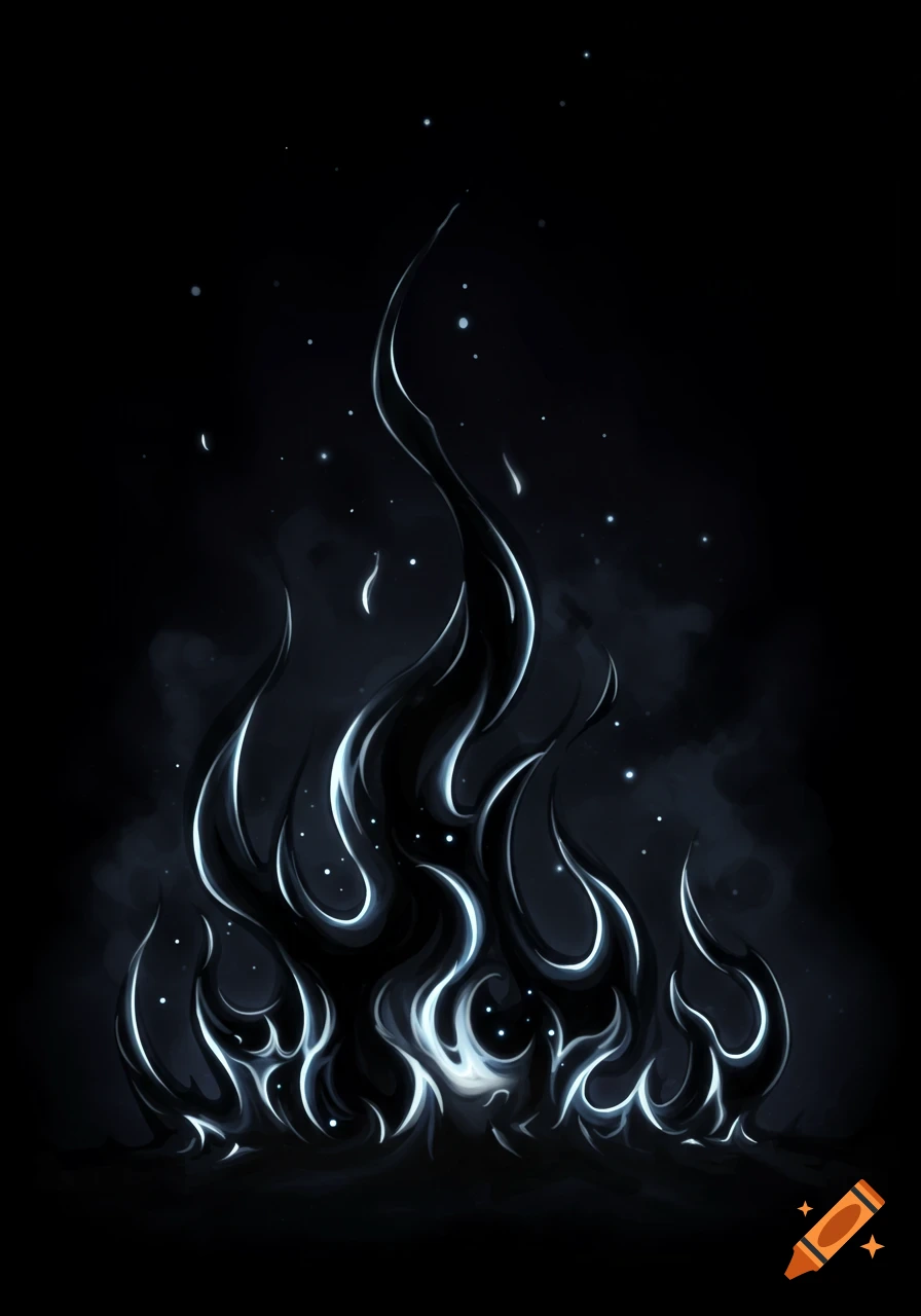 Stylized black flames with white glowing edges and floating light particles on a dark background.