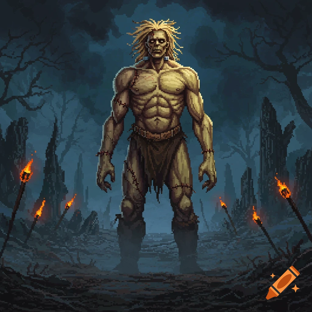 Pixel art of a Frankenstein-like barbarian with blonde hair and stitches, standing in a dark, grim forest with torches.
