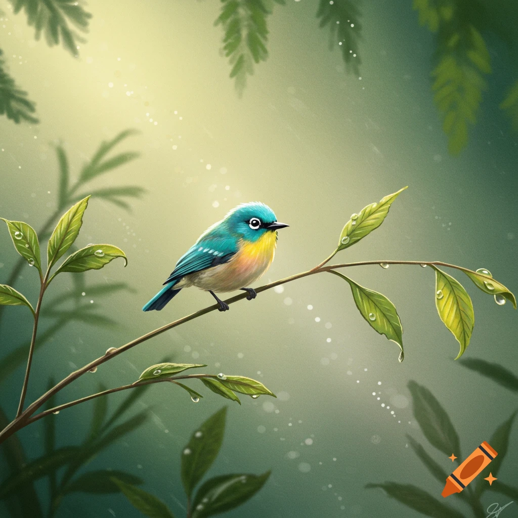 A vibrant blue and yellow bird perches on a leafy branch with water droplets, depicted in an illustrative style.