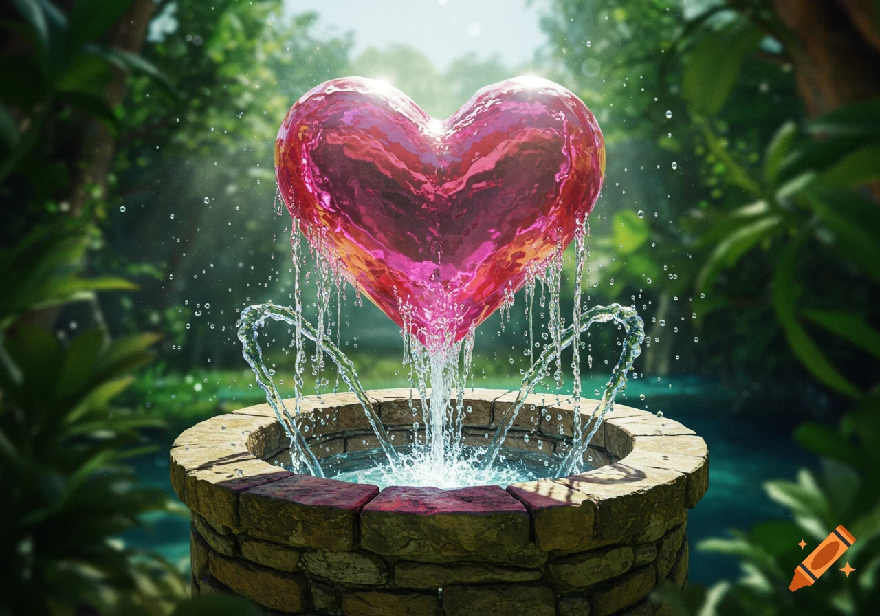 A vibrant pink heart gushes water into a stone well in a sunlit jungle clearing.