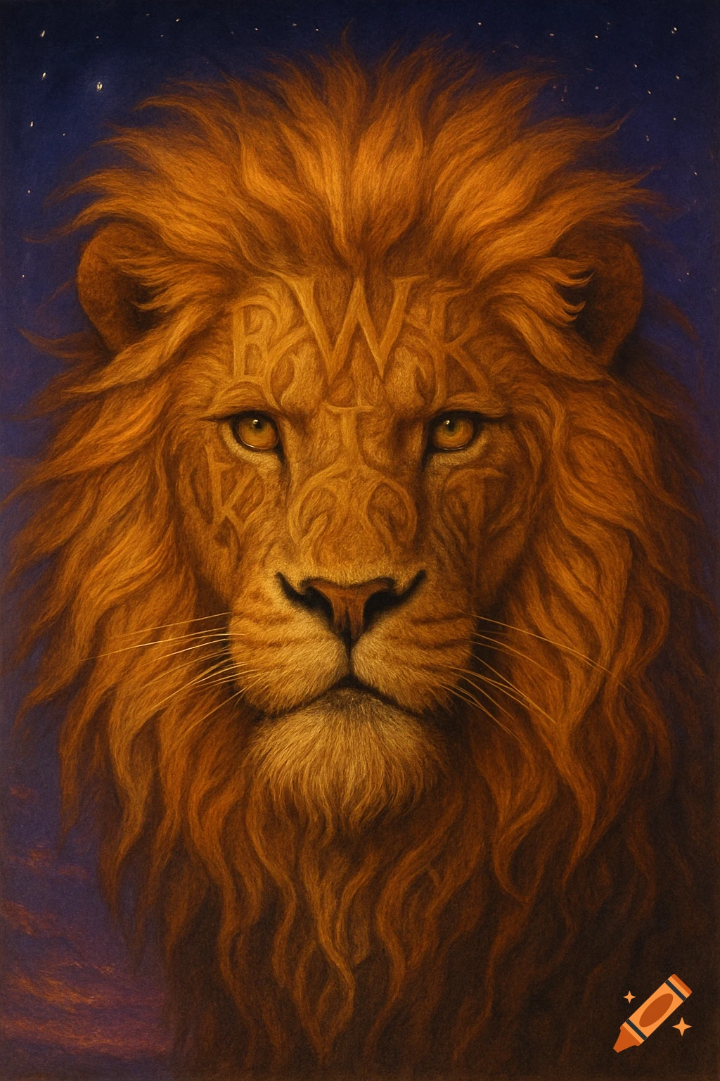 Close-up of a majestic lion's face with golden fur and stylized letters etched into its forehead.