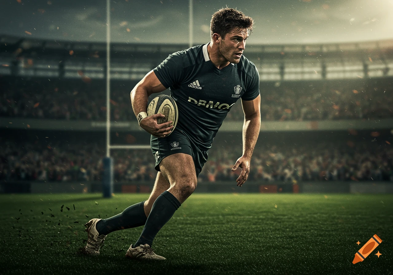 A muscular rugby player in a dark uniform runs with a ball across a grassy stadium field, mud flying, under dramatic lighting.