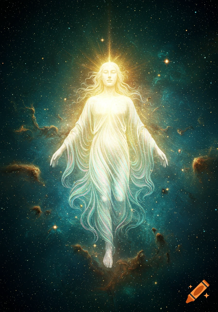 A glowing, ethereal figure with flowing hair and robes floats in a starry, teal and gold cosmic background.