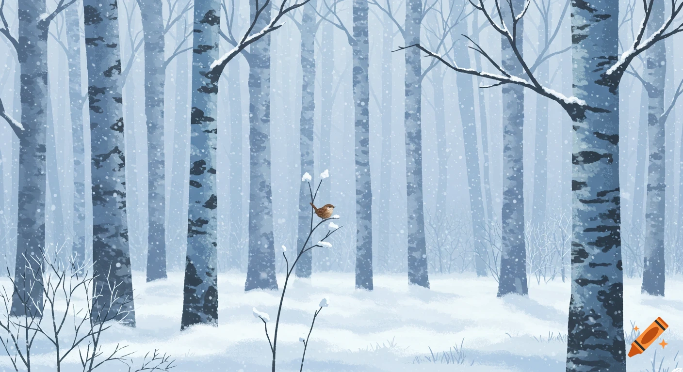 An illustrated winter forest scene with a small brown bird perched on a snowy branch amidst tall, light blue trees under falling snow.