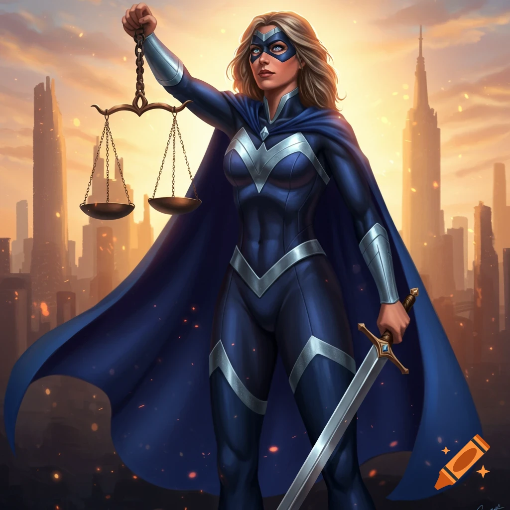 A female superhero in a blue and silver suit holds the scales of justice and a sword against a sunset cityscape, digital art.