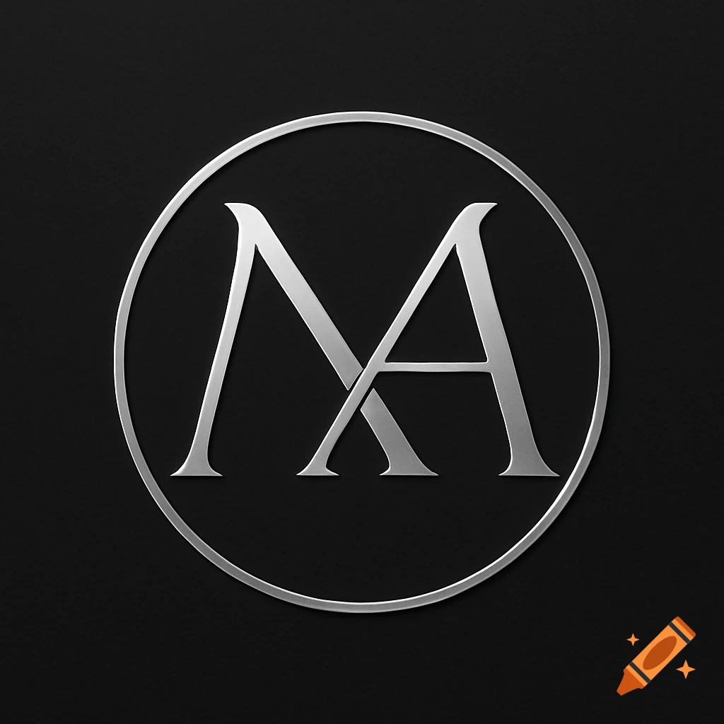 A minimalist logo features metallic silver letters 'M' and 'A' intertwined within a silver circle on a black background.