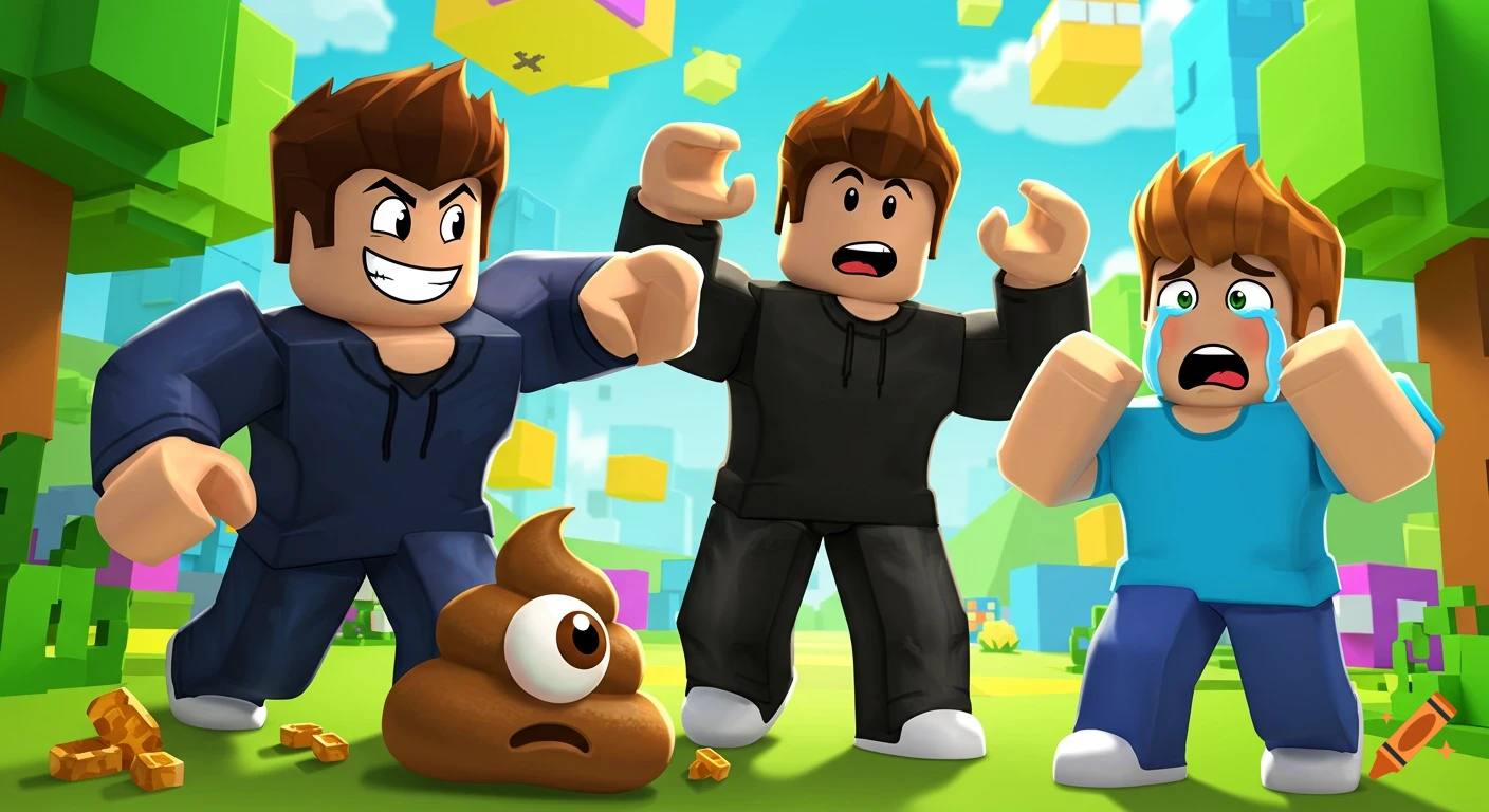 Three Roblox characters in a blocky world; one grins holding a one-eyed poop, another looks surprised, and a third cries.