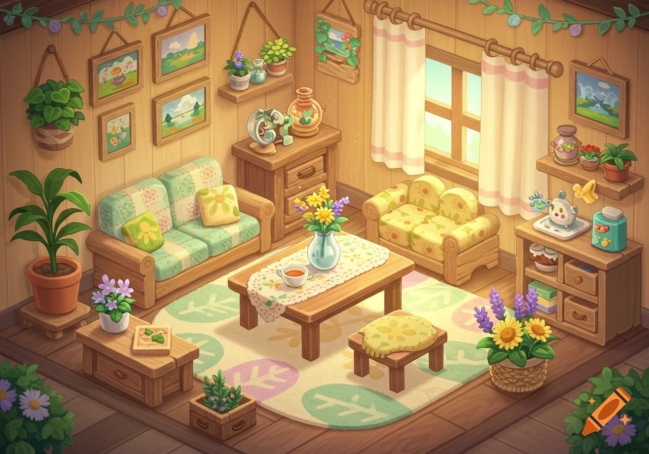 A vibrant, cozy Animal Crossing-style living room with wooden furniture, potted plants, patterned sofas, and bright sunlight.