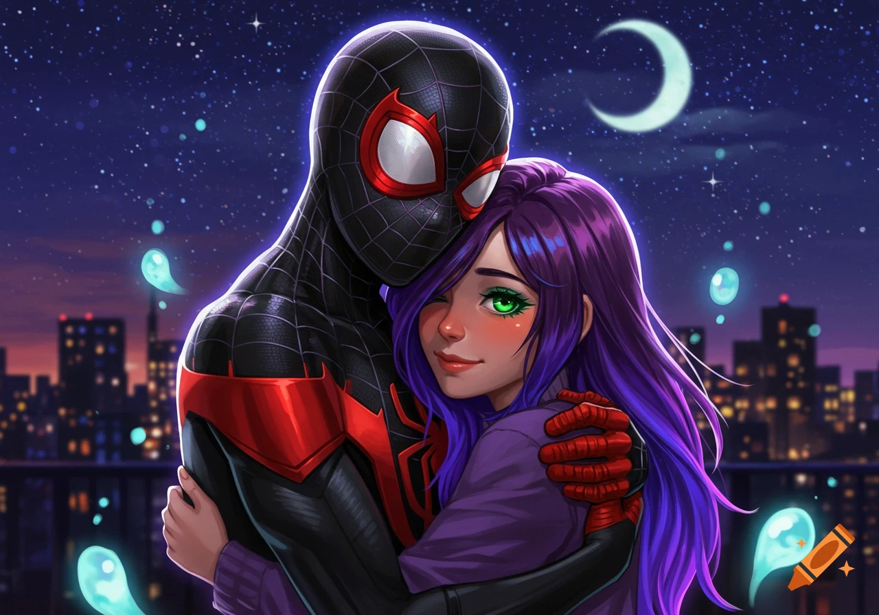 Digital illustration of Miles Morales in his black and red Spider-Man suit hugging a purple-haired girl on a city rooftop at night.