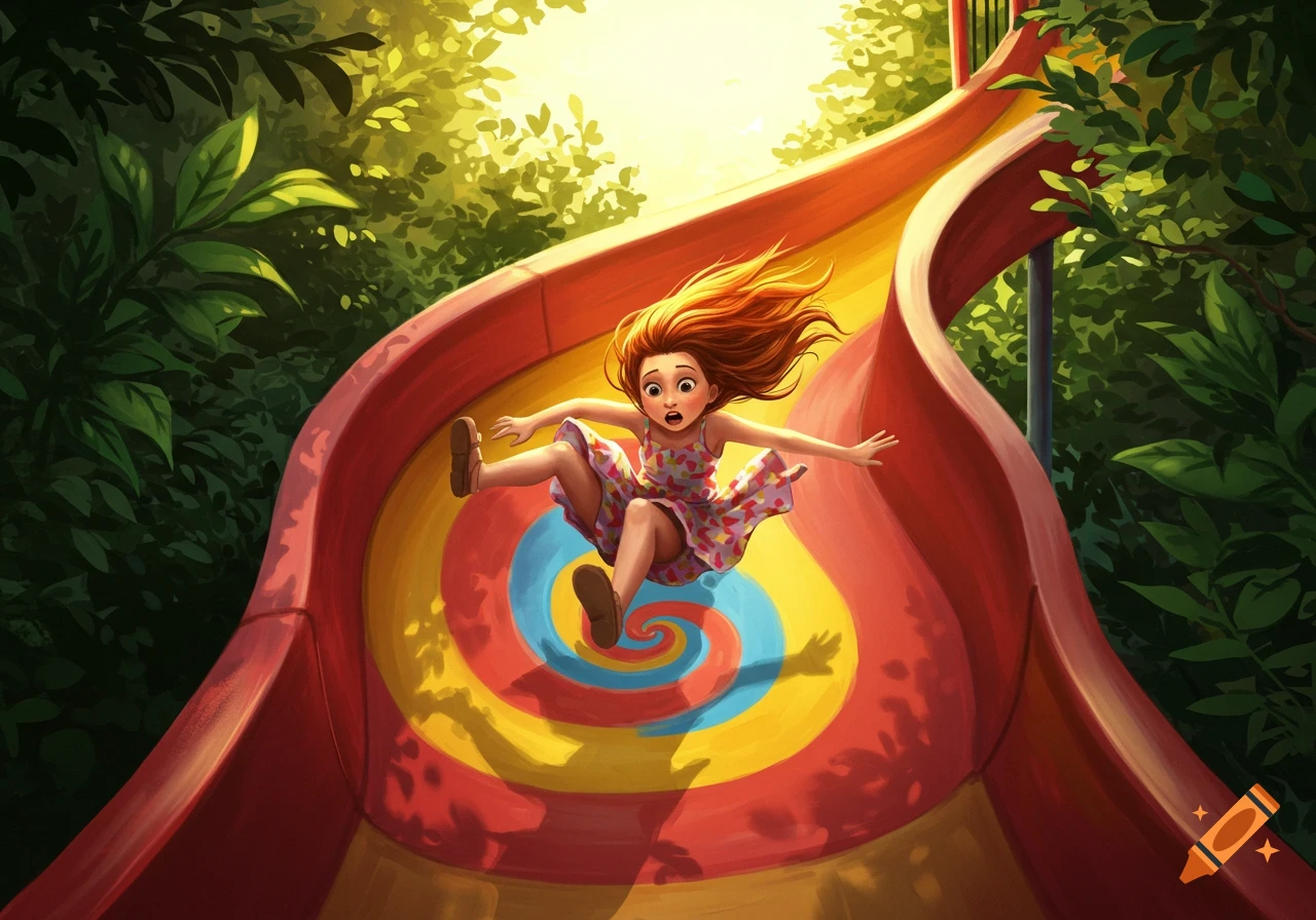 An expressive, red-haired girl with wide eyes and outstretched arms slides down a colorful, swirling water slide surrounded by lush green foliage.