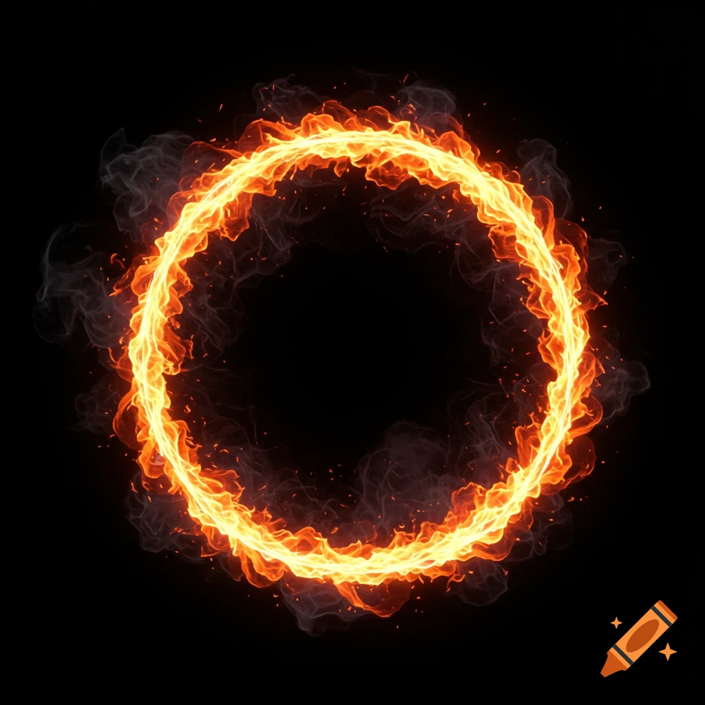 A bright orange and yellow ring of fire with smoke and sparks against a black background.