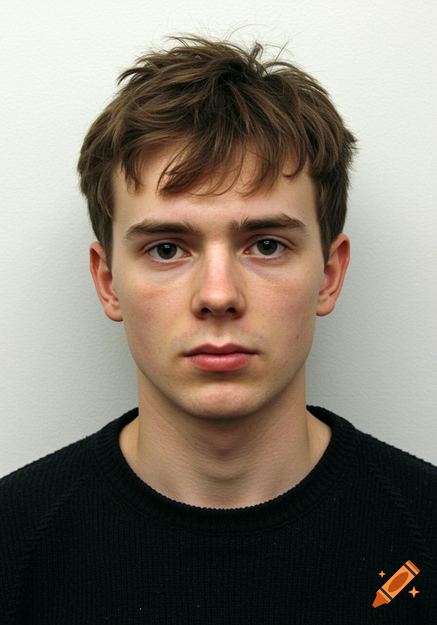 Headshot of a serious young man with short brown hair wearing a black sweater against a white wall.
