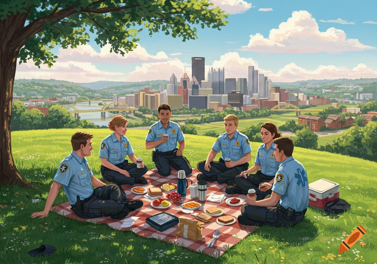 Illustration of six paramedics having a picnic on a green hill overlooking the Pittsburgh skyline.